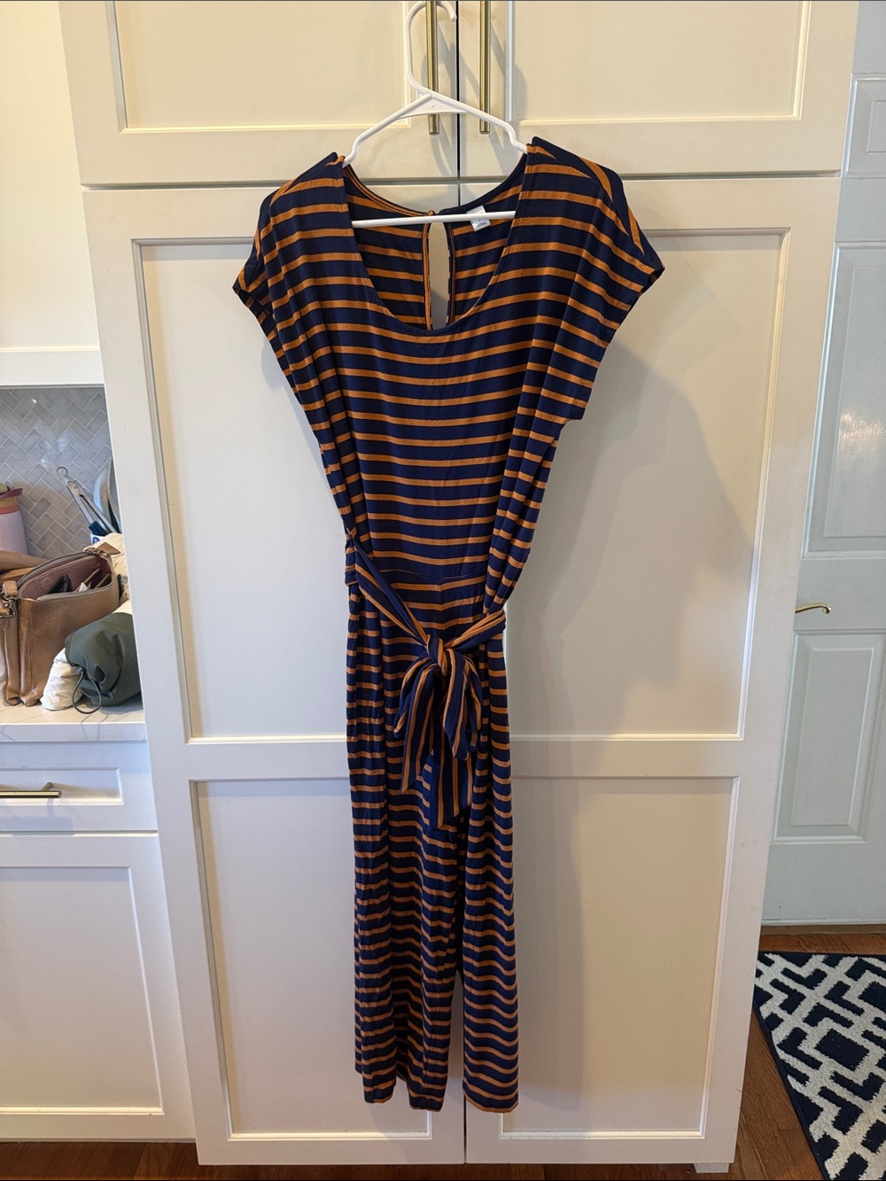 Striped Navy and Brown Tie-Waist Jumpsuit large stretchy fall transition